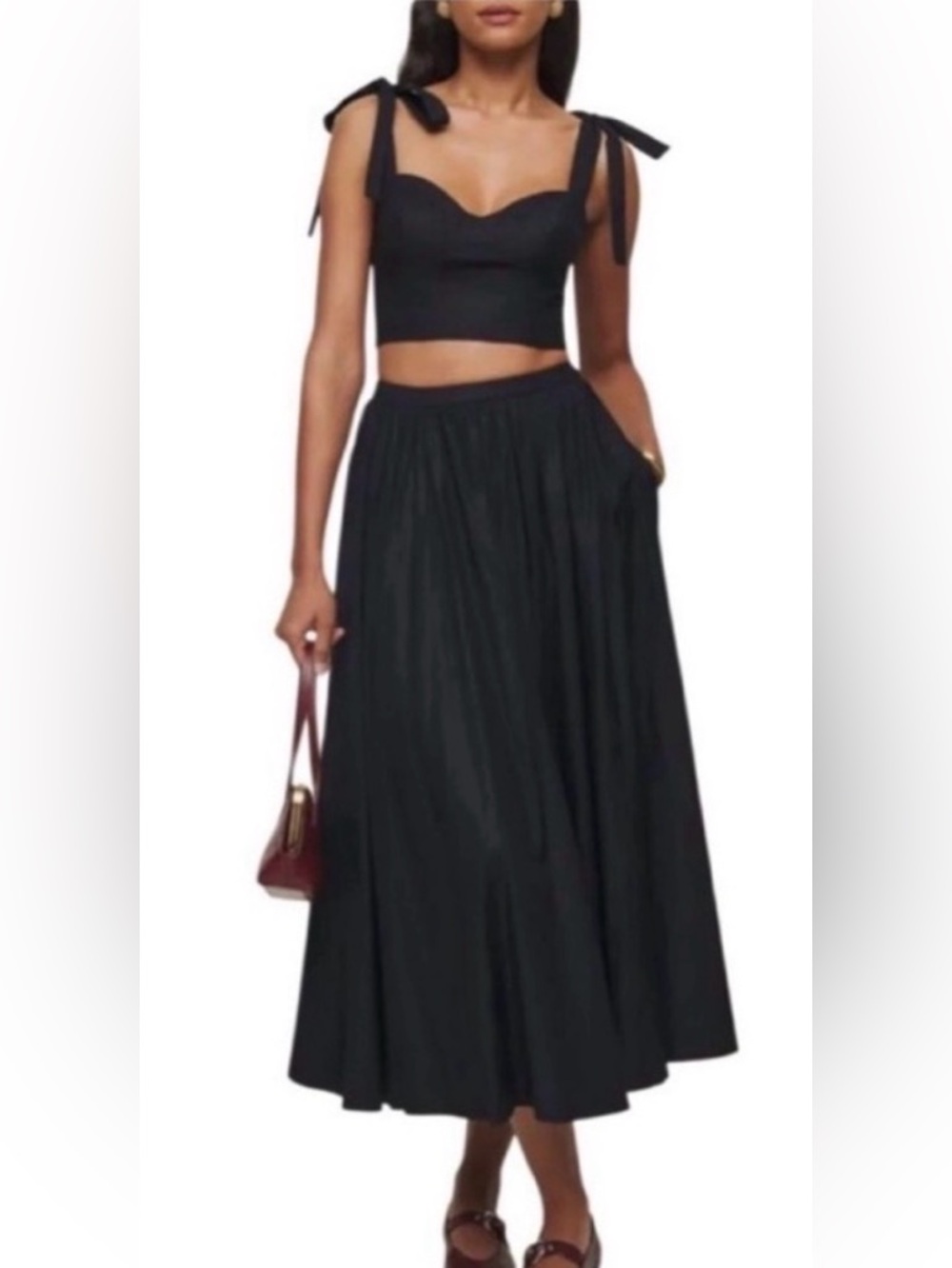 Reformation Black Tie-Shoulder Crop Top and Full Midi Skirt Set